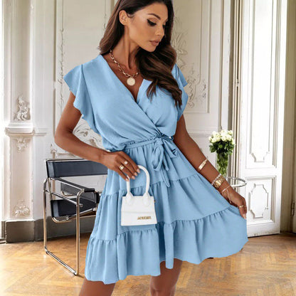 Women's Wrap Dress - V-Neck A-Line - Short Flutter Sleeve - Tiered Skirt