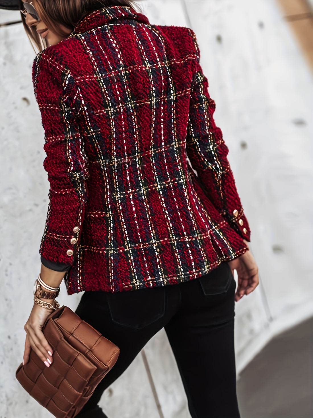 Plaid double-breasted long-sleeve blazer jacket for women