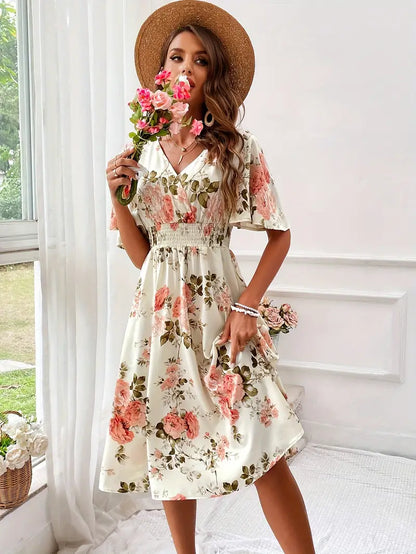 Women's Floral A-Line Dress - V-Neck - Short Flutter Sleeves - Knee-Length Flowy Fit