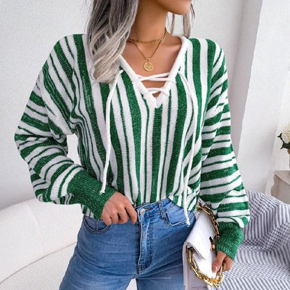 Women’s Knit Sweater - V-Neck Lace-Up - Long Sleeve - Striped Relaxed Fit Casual Wear