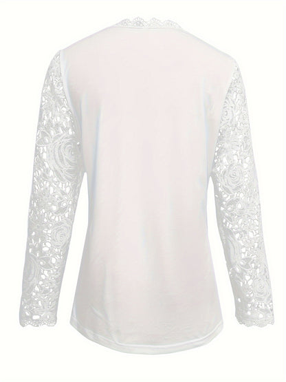 Women's Lace Blouse - Floral Pattern - Long Sleeve Sheer - Scalloped Hem Elegant