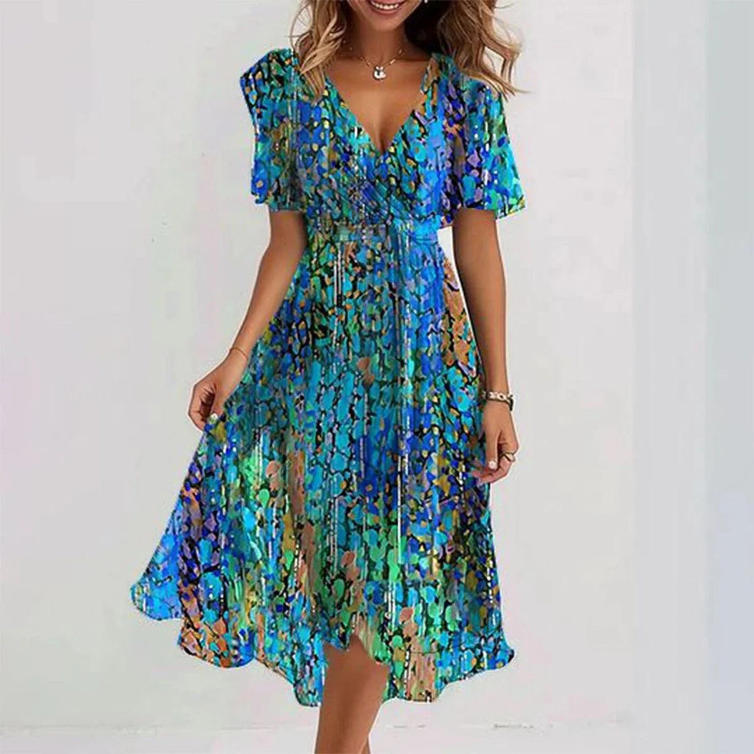 Women's A-Line Wrap Dress - Short Flutter Sleeve - V-Neck - Lightweight Elegant Fit