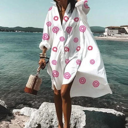 Women’s Shirt Dress - Loose Fit - Long Sleeve Button Down - Casual Beachwear