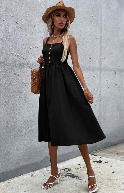 Women's A-Line Midi Dress - Sleeveless Spaghetti Strap - Button-Down Flared Fit