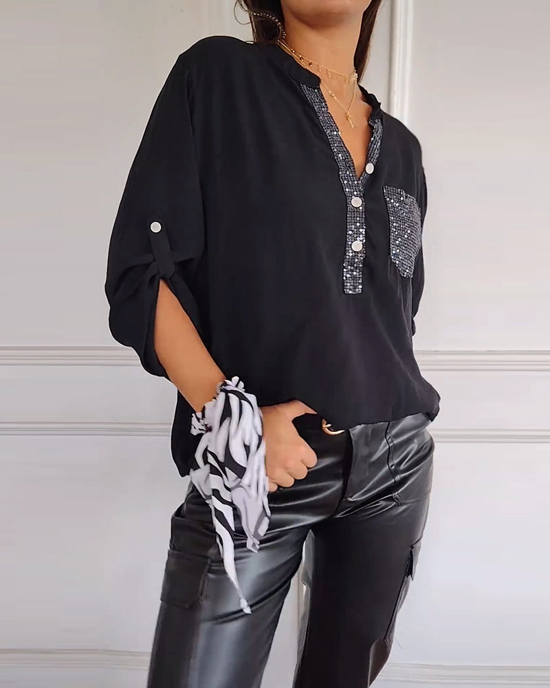 Women's Blouse - V-Neck Button Front - Sequin Detail - Rolled Sleeve Casual Fit