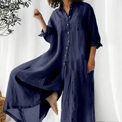 Women’s Jumpsuit – Oversized Fit – Breathable Blend – Full-Length – Button-Down – Pocketed