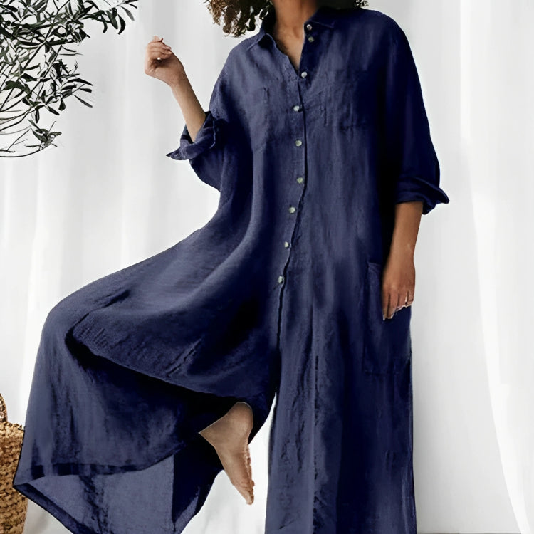Women’s Jumpsuit – Oversized Fit – Breathable Blend – Full-Length – Button-Down – Pocketed