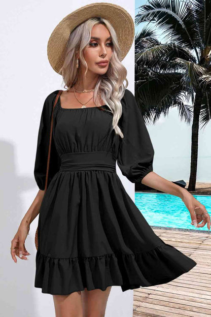 Women's A-Line Dress - Square Neck - 3/4 Sleeve - Ruched Bodice - Tiered Hem