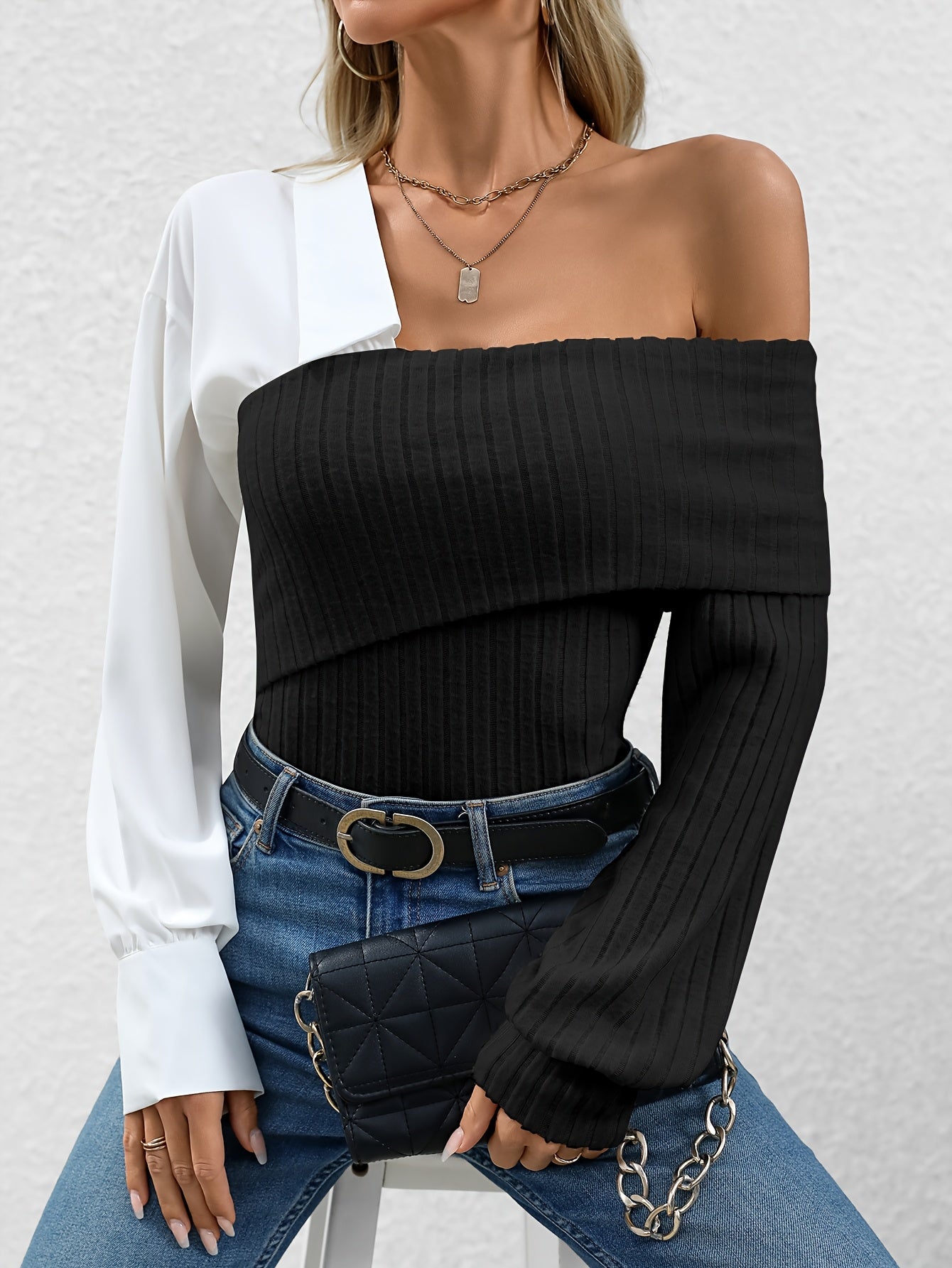 Women's Off-Shoulder Ribbed Knit Top – Asymmetrical Design – Long Sleeve Stylish Fit