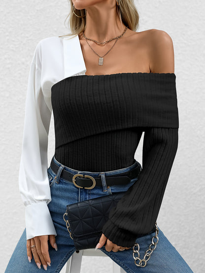 Women's Off-Shoulder Ribbed Knit Top – Asymmetrical Design – Long Sleeve Stylish Fit