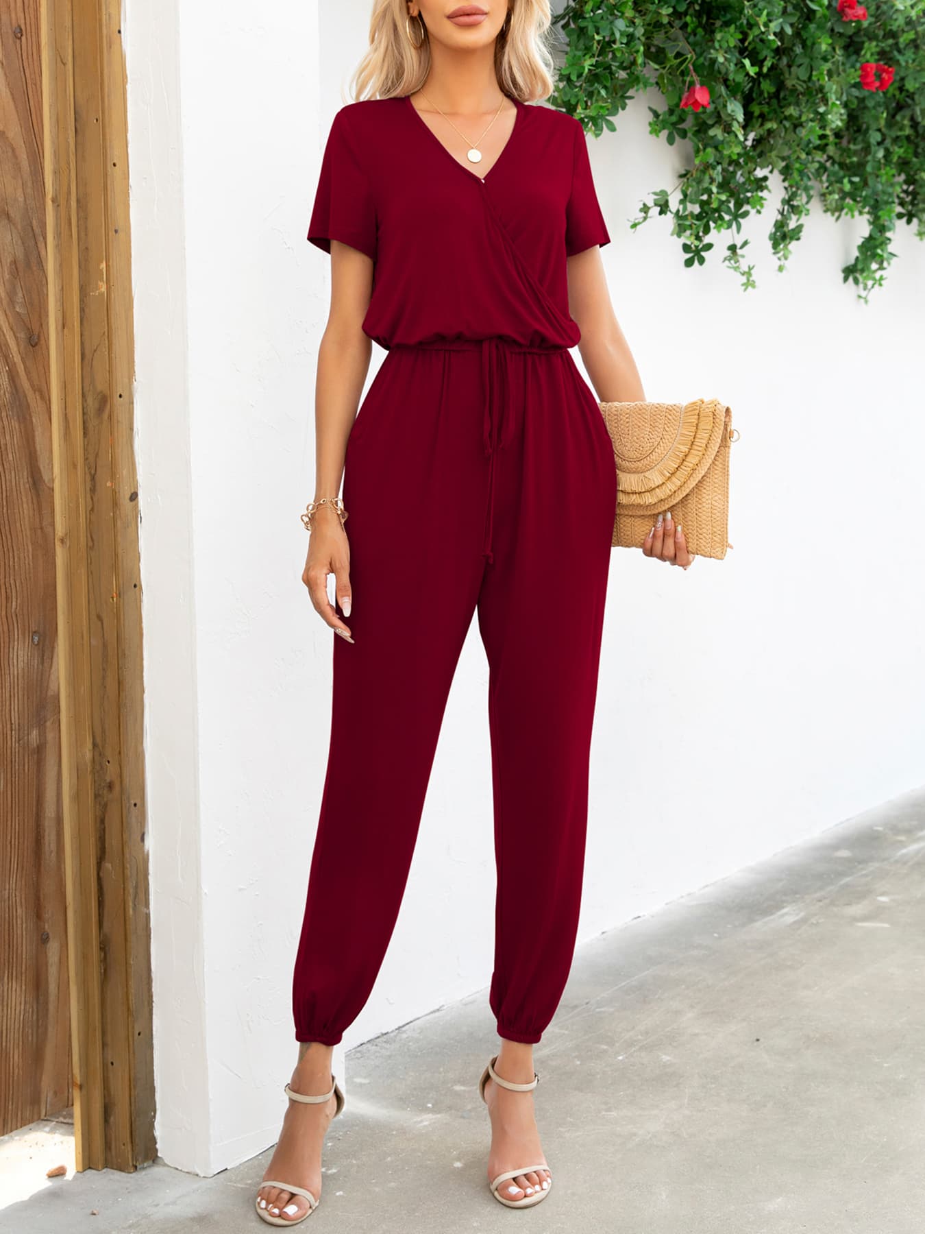 Women's v-neck short sleeve jumpsuit with pockets