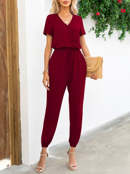 Women's v-neck short sleeve jumpsuit with pockets