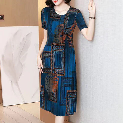 Women's Patterned Short-Sleeve Midi Dress