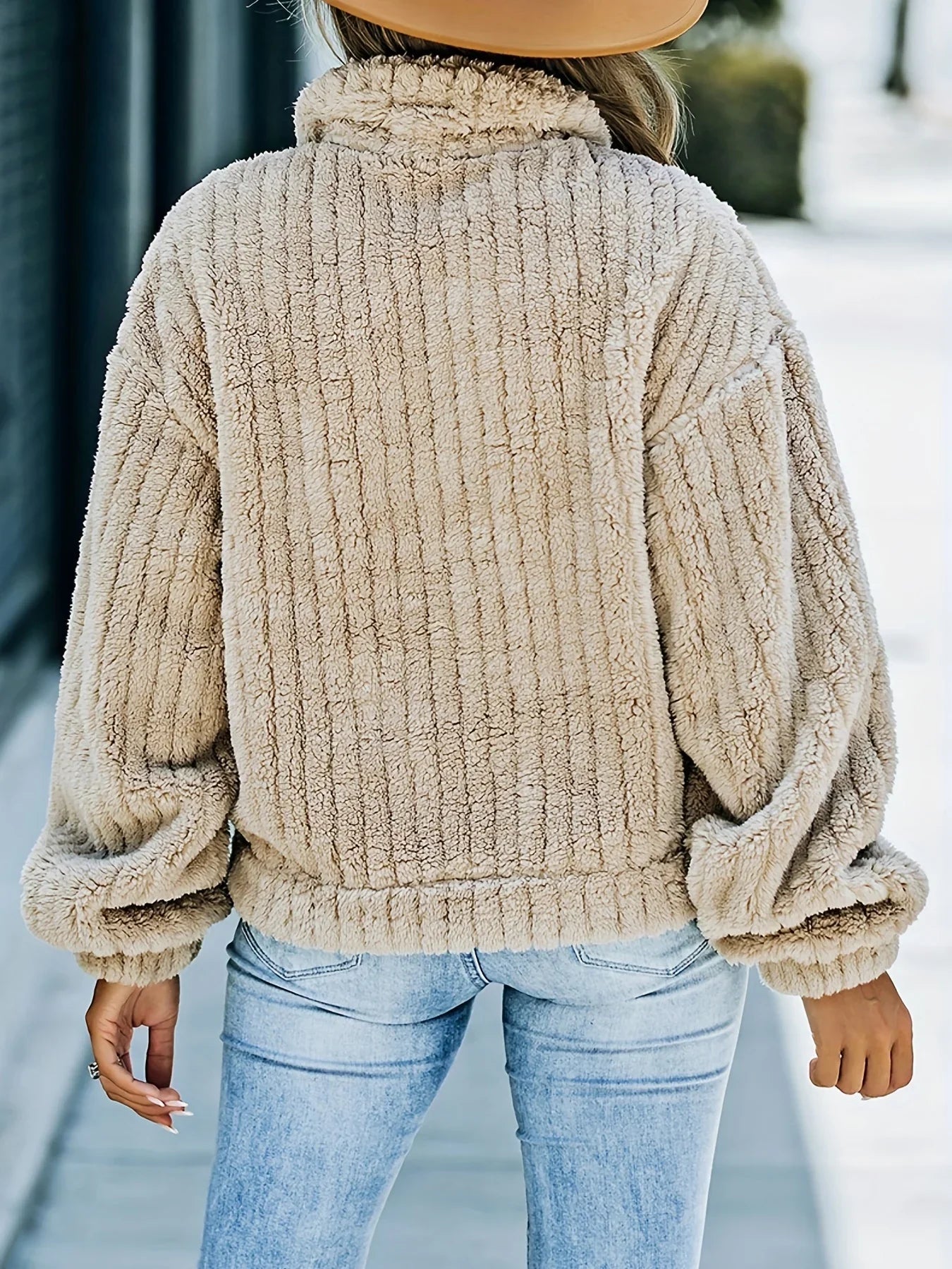 Women's thick ribbed plush lapel coat with pockets