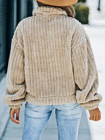 Women's thick ribbed plush lapel coat with pockets