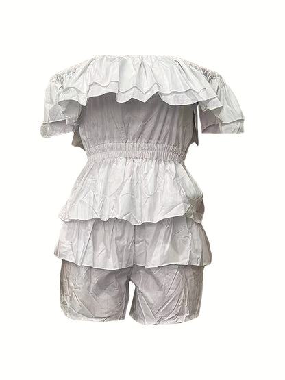 Women's Off-Shoulder Romper - Layered Ruffle Design - Elastic Waist - Chic & Flowy