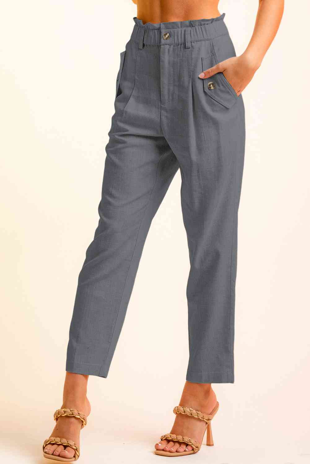 Women’s Cropped Pants – High Waist Paperbag Style – Button Detail – Tapered Fit Casual Wear