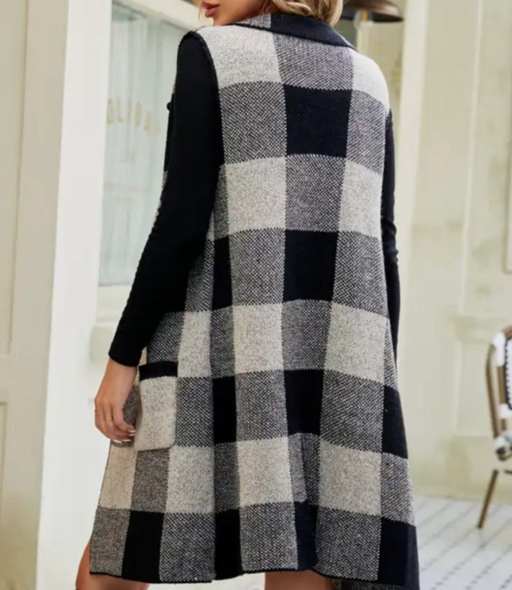 Women's long suit collar sleeveless plaid jacquard vest