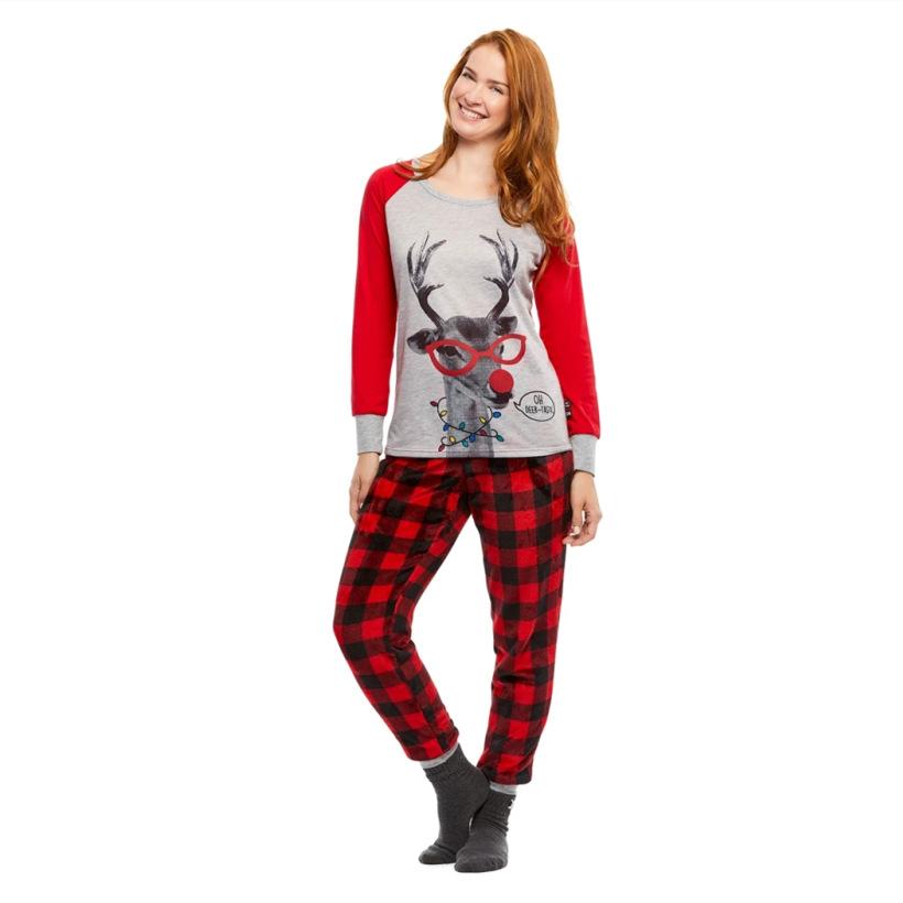 Family matching reindeer pajama set with plaid pants