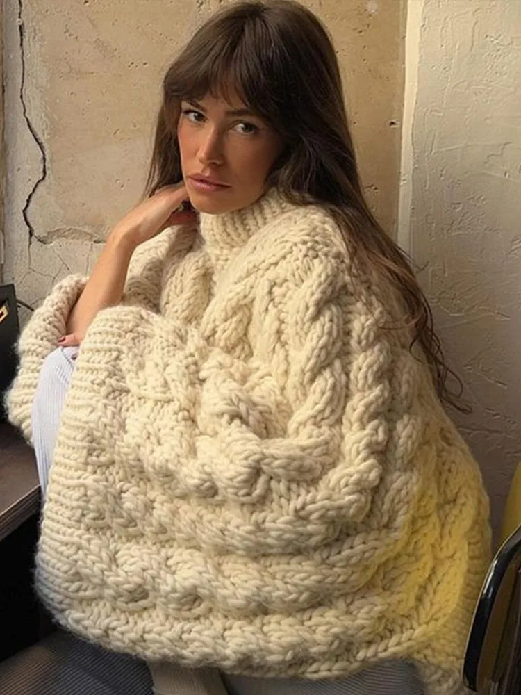 Women’s high collar oversized cable knit sweater