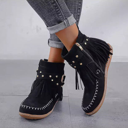 Women's fringe flat rivet belt buckle boots