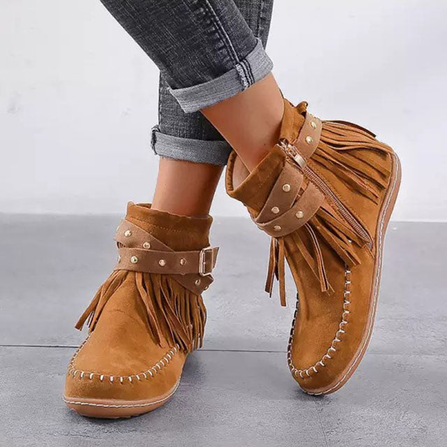 Women's fringe flat rivet belt buckle boots