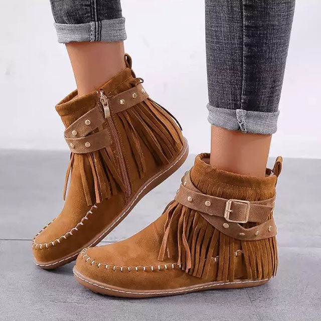 Women's fringe flat rivet belt buckle boots