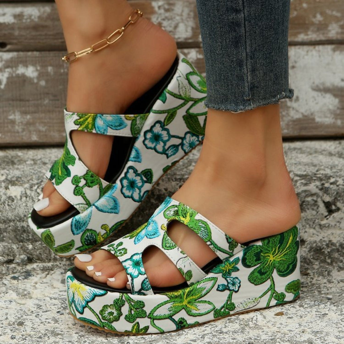 Elfrida - floral print wedge heel high platform slip-on sandals