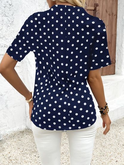 Women's Polka Dot Blouse - V-Neck with Zipper - Short Sleeve - Relaxed Fit