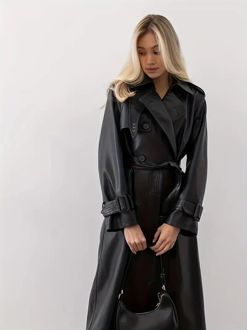 Trench coat pu leather with belt for women