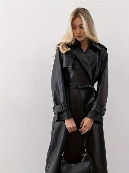 Trench coat pu leather with belt for women