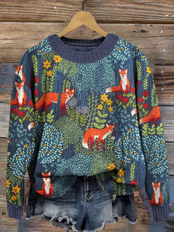 Ilene - fox in the forest print cozy vintage sweater