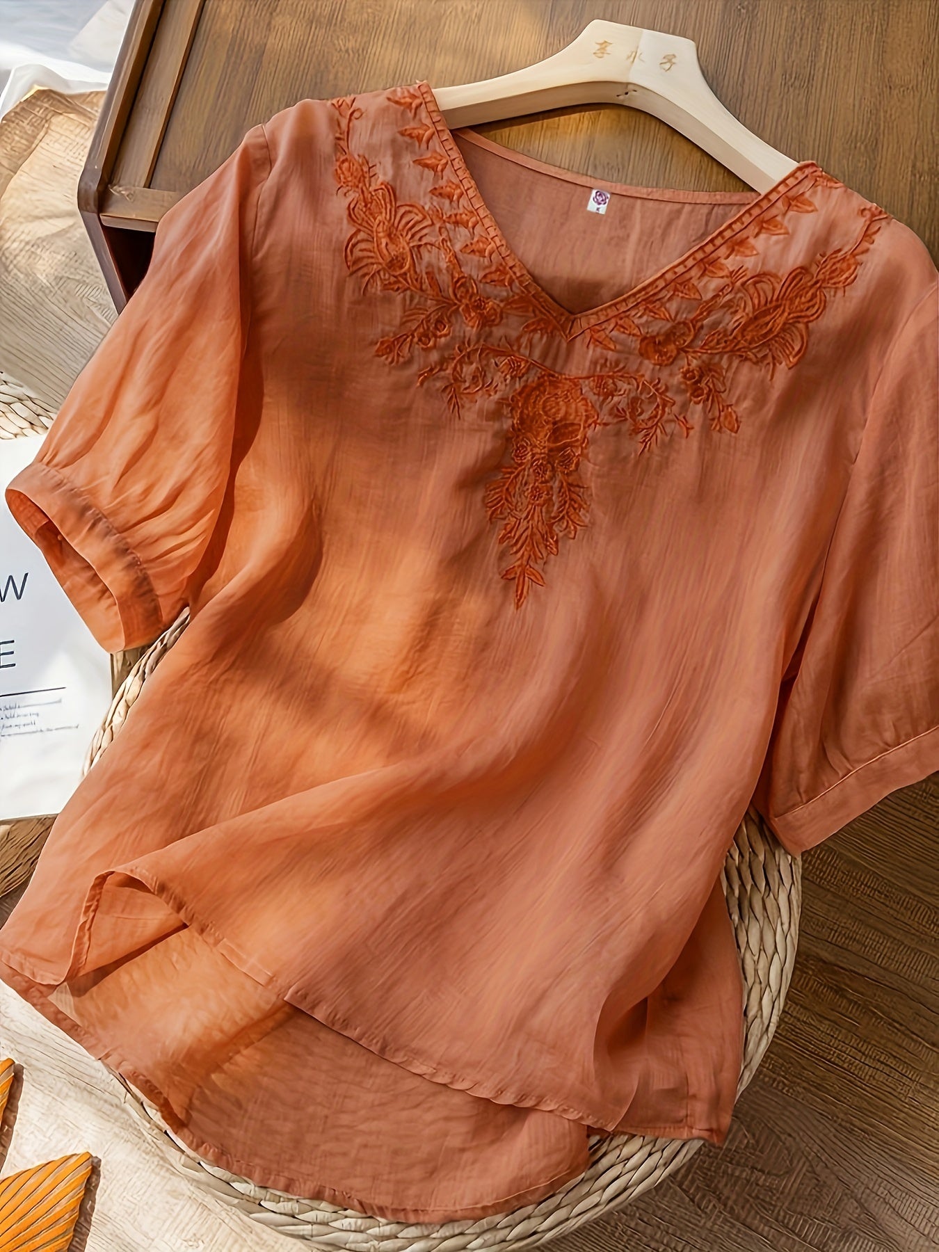 Women's V-Neck Blouse - Embroidered Detail - Short Sleeve - Lightweight & Flowy