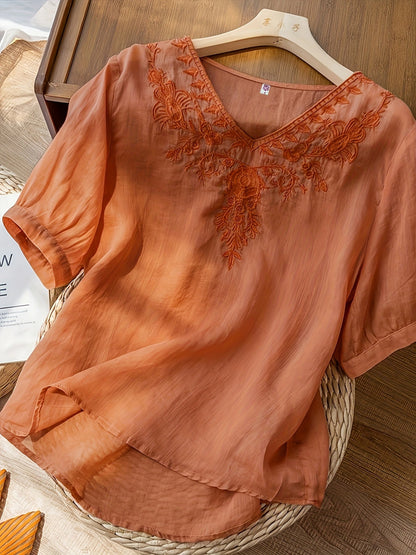 Women's V-Neck Blouse - Embroidered Detail - Short Sleeve - Lightweight & Flowy