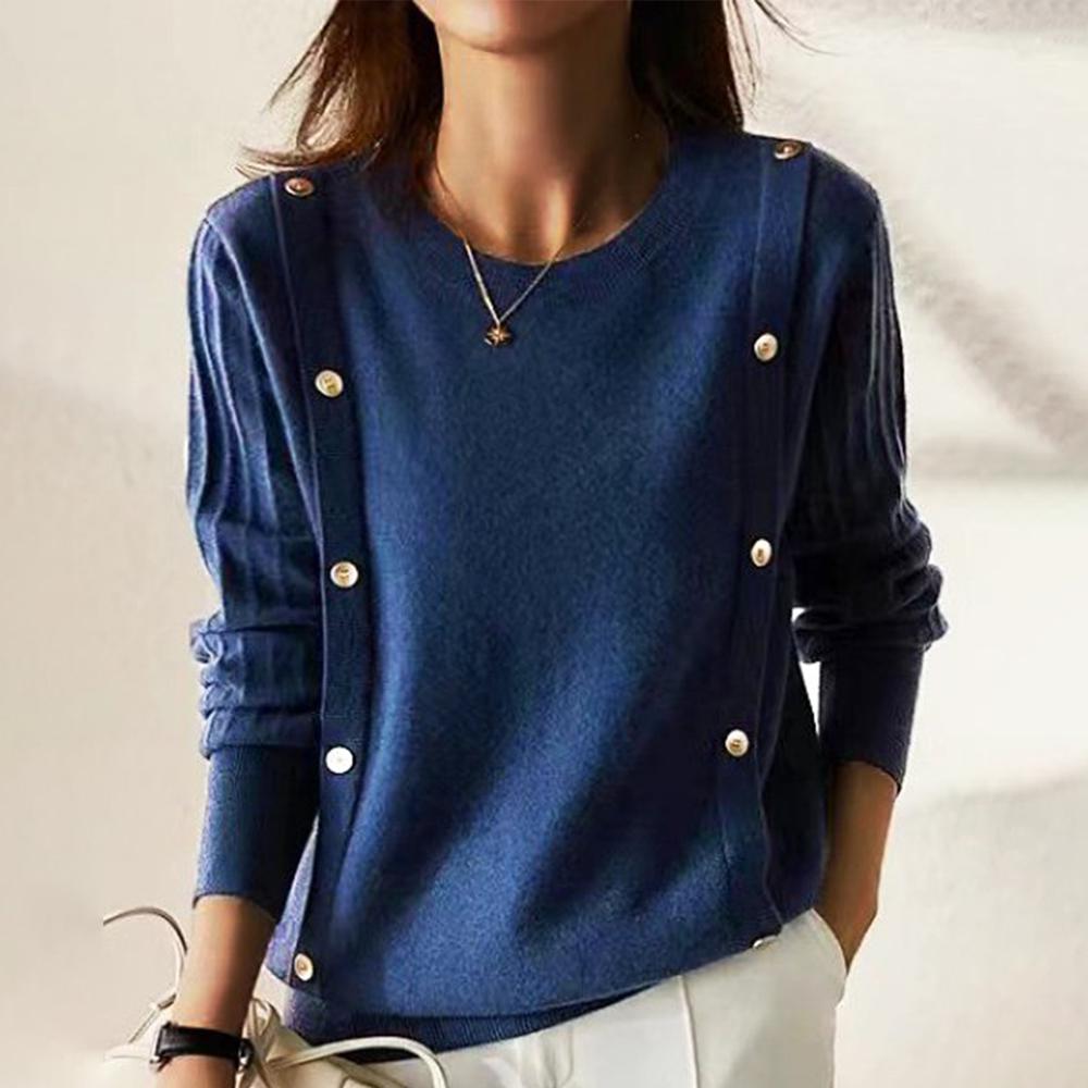 Women's plain round neck sweater with button design