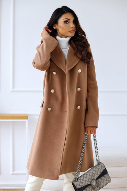 Women’s Long Coat – Wool Blend – Relaxed Fit – Double-Breasted – Wide Lapel Draped Style