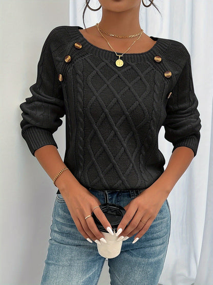 Women’s Knit Top – Relaxed Fit – Cable Knit Texture – Dropped Shoulder – Button Detail