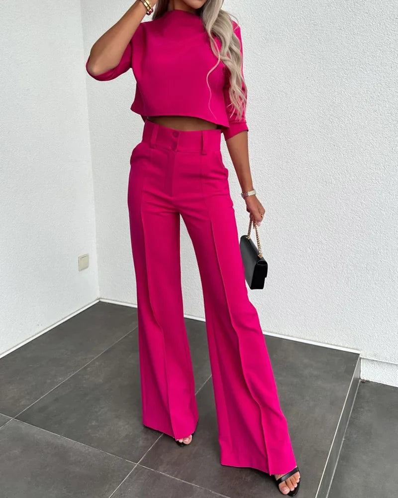 Women's casual 3/4 sleeve crop top and flare pants set