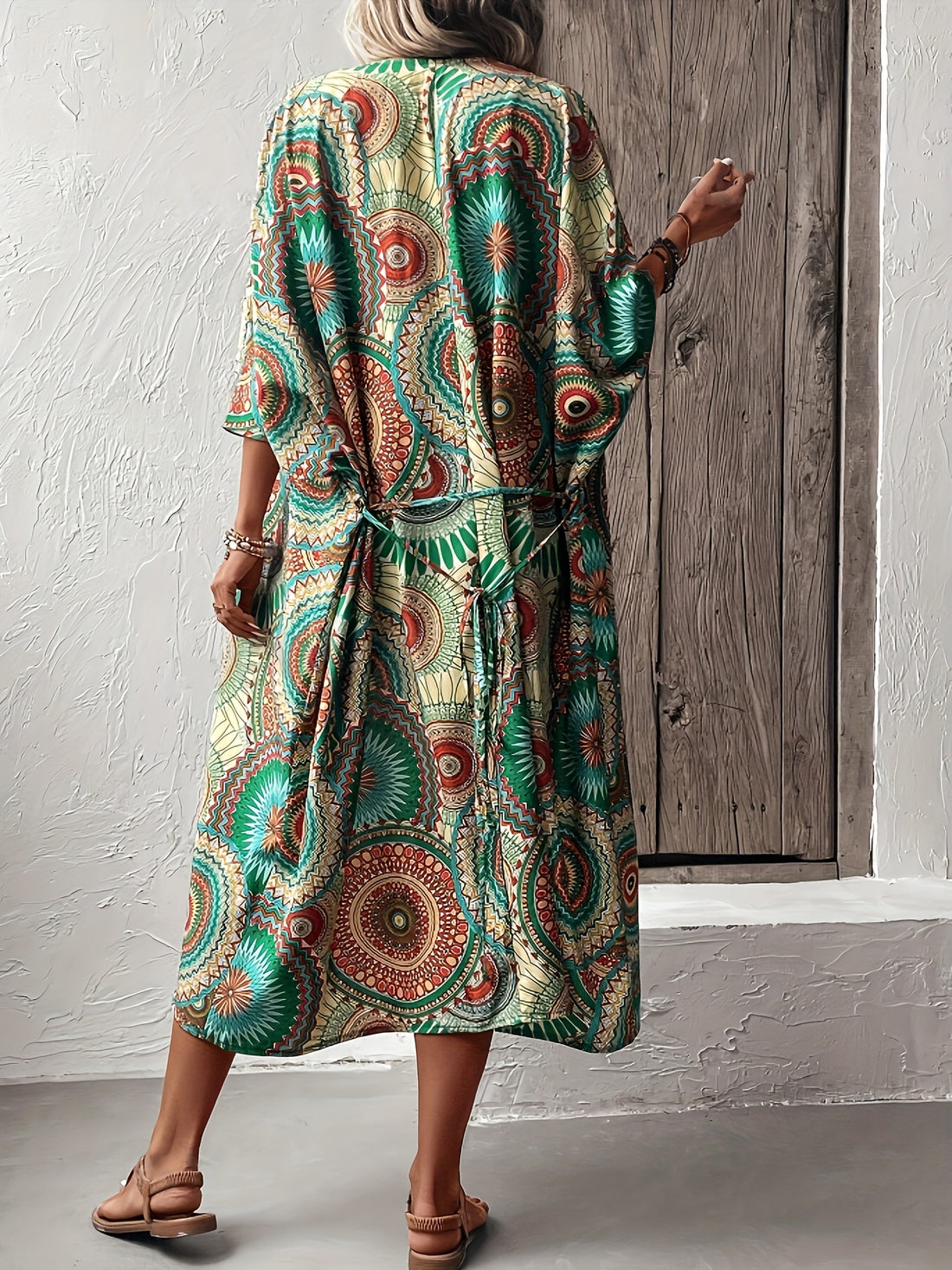 Ethnic style printed casual jacket with belted cover up for women