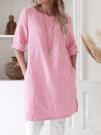 Women's Tunic Dress - Lightweight Linen Blend - Loose Fit with Pockets - 3/4 Sleeve