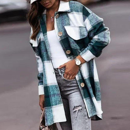 Plaid button-up shacket for women