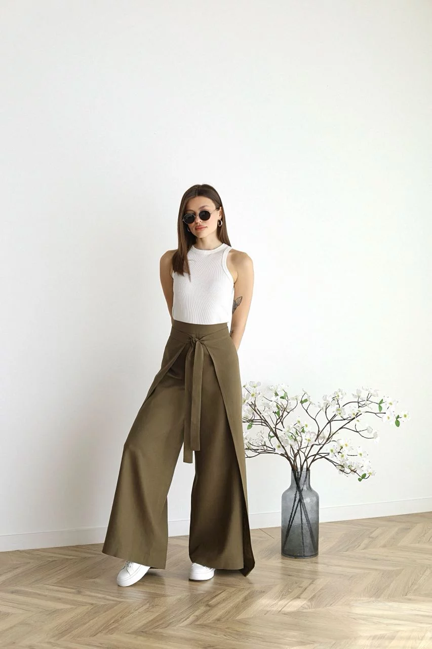 High-Waist Tie-Front Wide Leg Pants