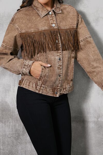 Women's snap button fringe denim jacket