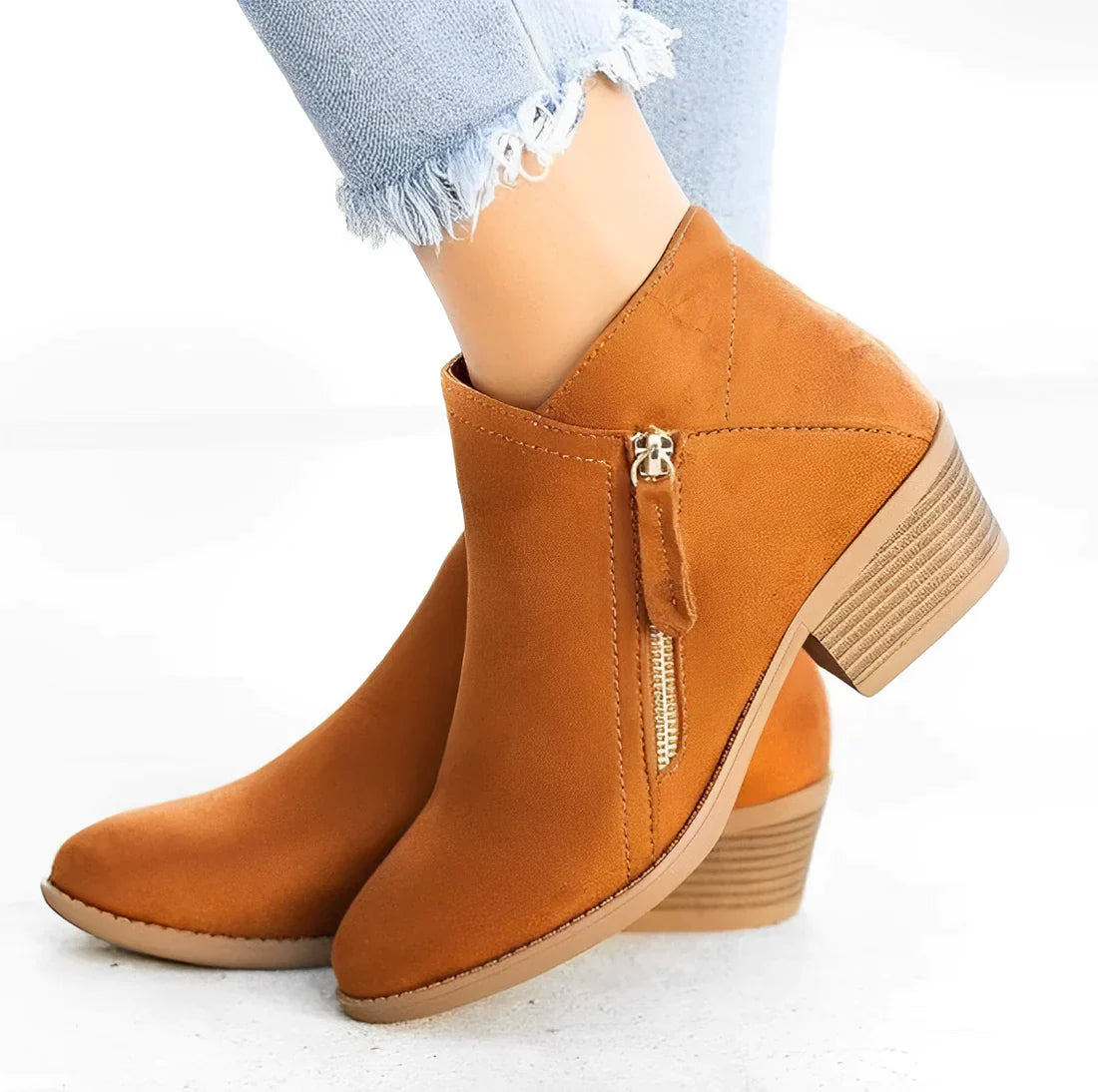 Women's short boots side zipper thick heel pointed toe