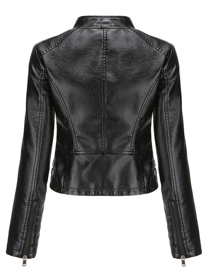 Studded moto jacket with zip closure and stand collar for women
