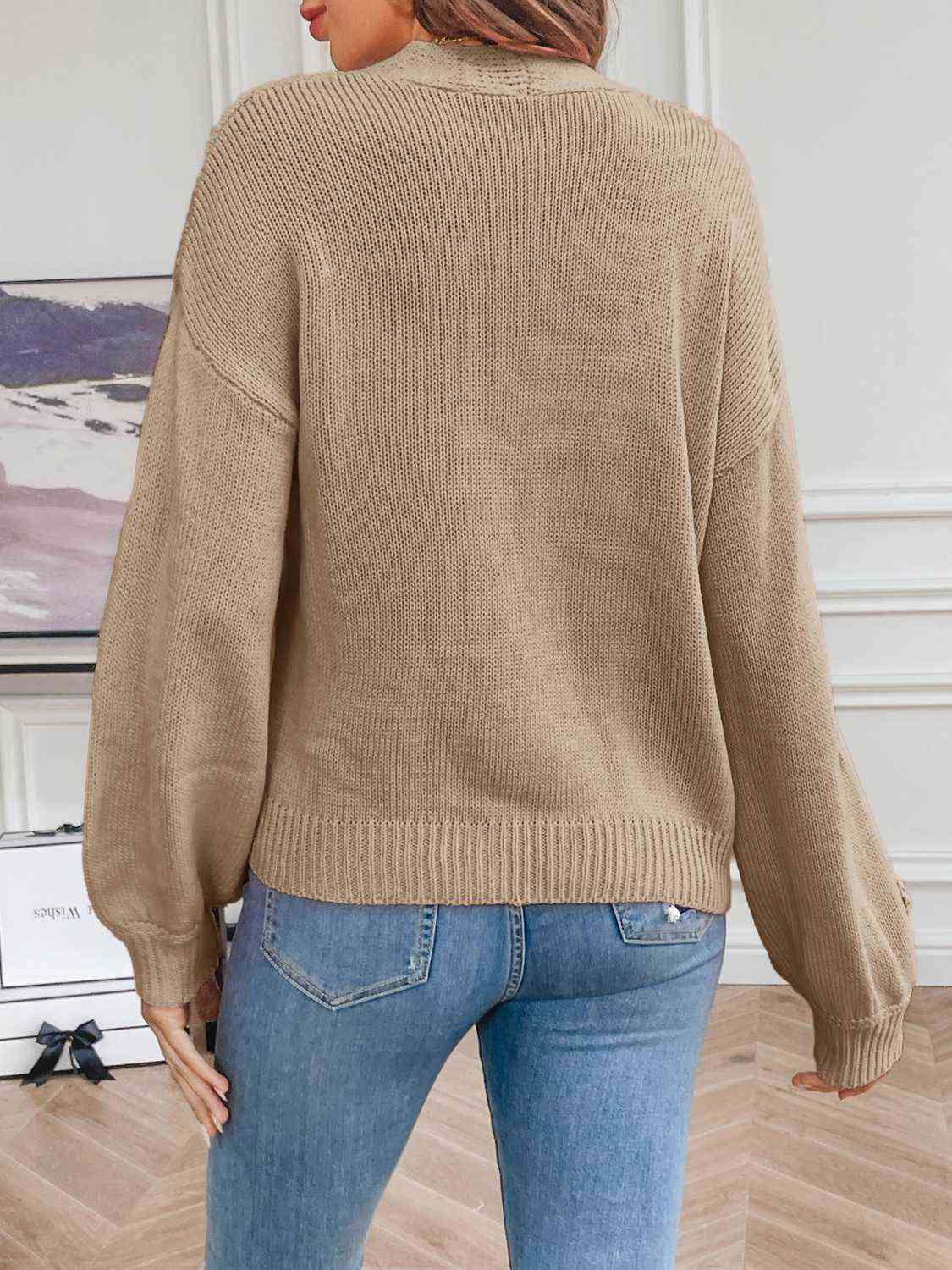 Women's Knit Cardigan - Long Sleeve - Floral Appliqué - Cropped Relaxed Fit