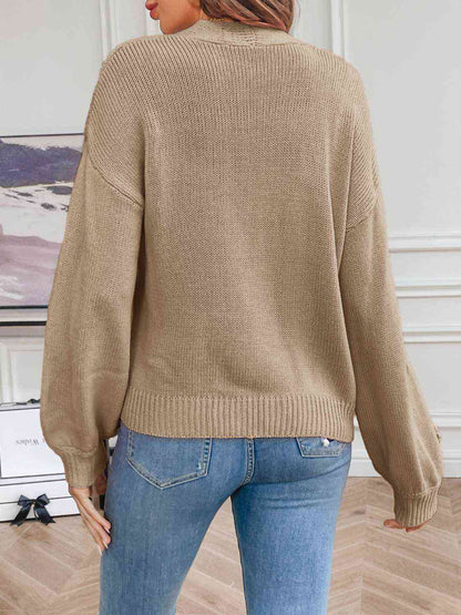 Women's Knit Cardigan - Long Sleeve - Floral Appliqué - Cropped Relaxed Fit