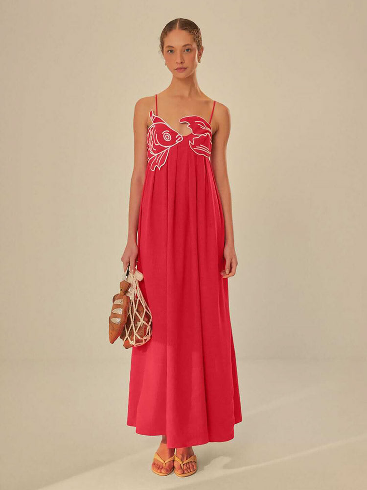 Embroidered Spaghetti Strap Flowy Maxi Dress