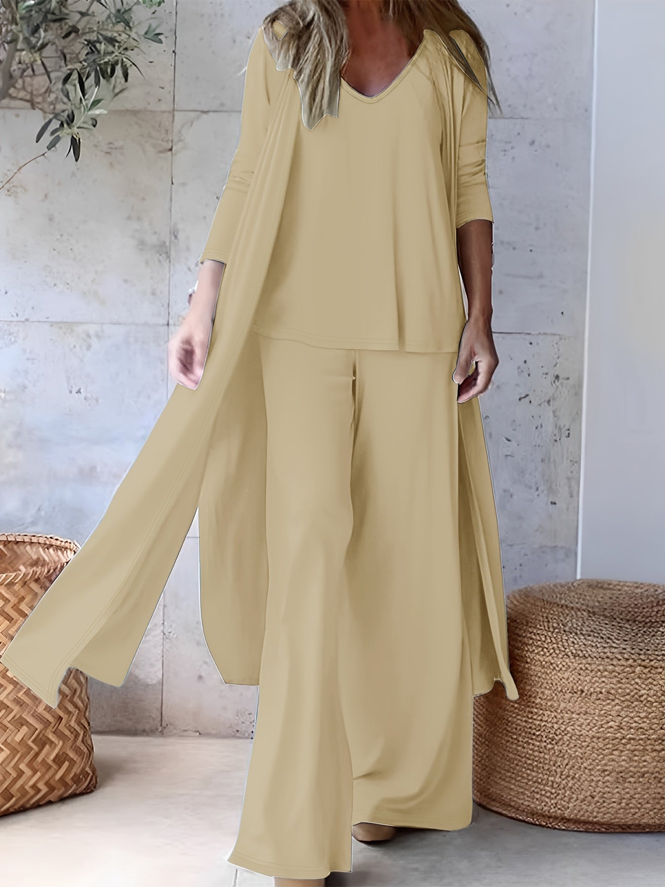 Three-piece v-neck suspenders straight trousers cardigan suit for women