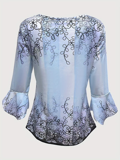 Women’s Blouse - Embroidered Lace Detail - Button-Up - Relaxed Fit - 3/4 Sleeve